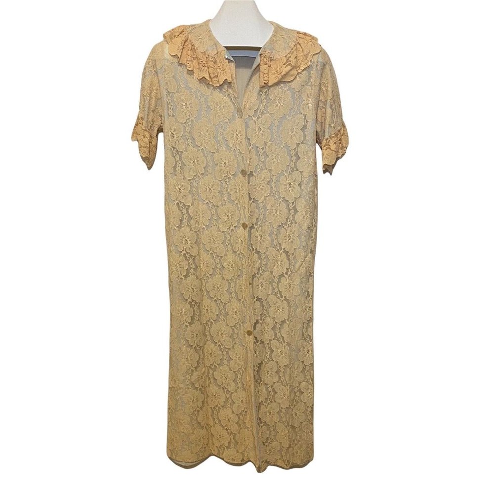 Vintage Aristocraft lace robe gown nylon lined button Front beige women’s size M